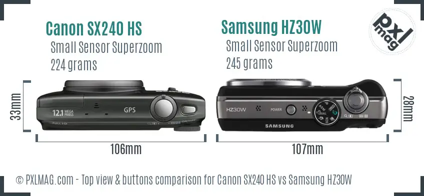 Canon SX240 HS vs Samsung HZ30W top view buttons comparison