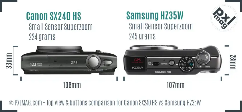 Canon SX240 HS vs Samsung HZ35W top view buttons comparison