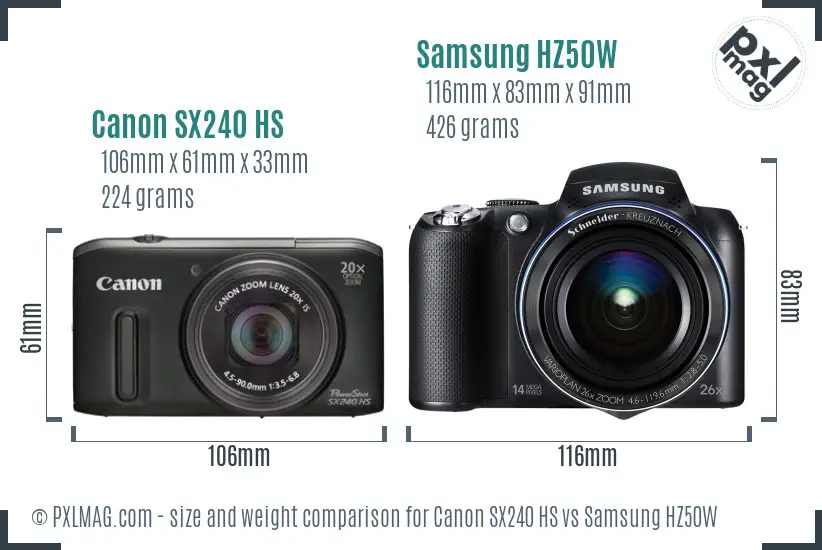 Canon SX240 HS vs Samsung HZ50W size comparison