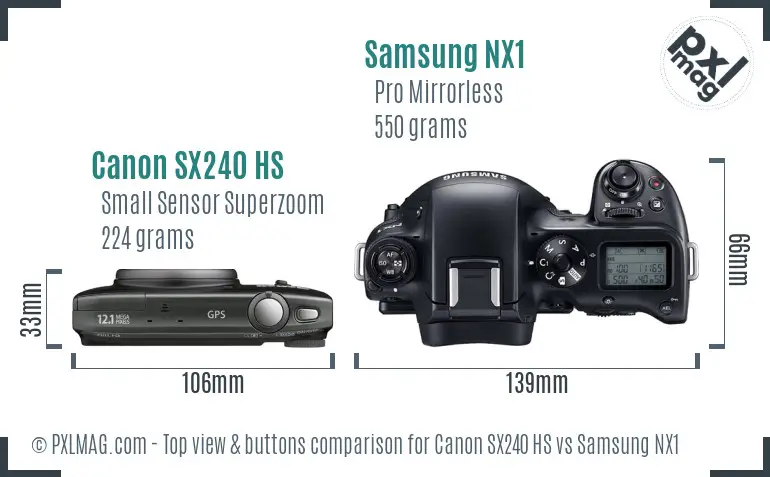 Canon SX240 HS vs Samsung NX1 top view buttons comparison Canon SX240 HS vs Samsung NX1 top view buttons comparison