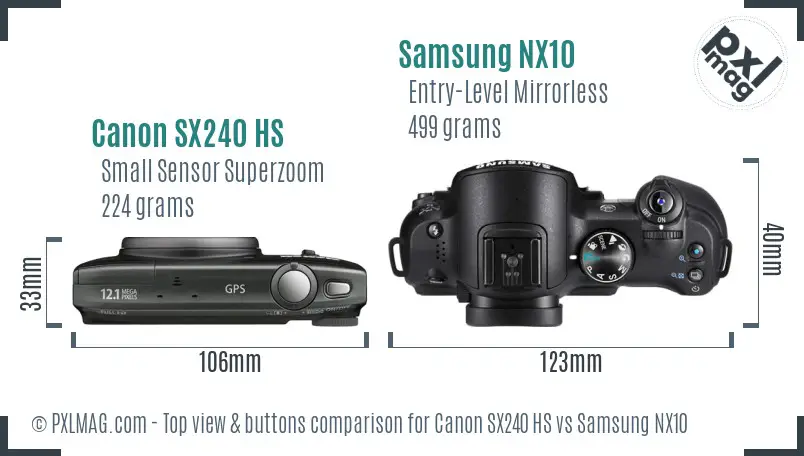 Canon SX240 HS vs Samsung NX10 top view buttons comparison