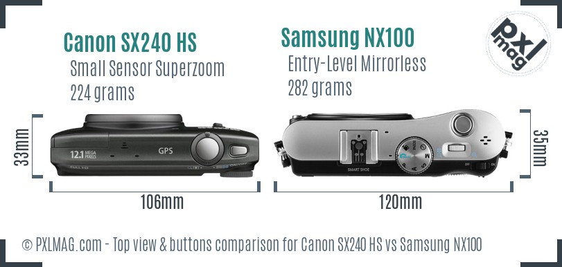 Canon SX240 HS vs Samsung NX100 top view buttons comparison