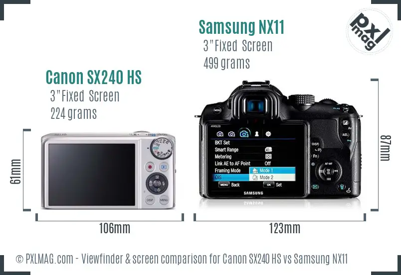 Canon SX240 HS vs Samsung NX11 Screen and Viewfinder comparison