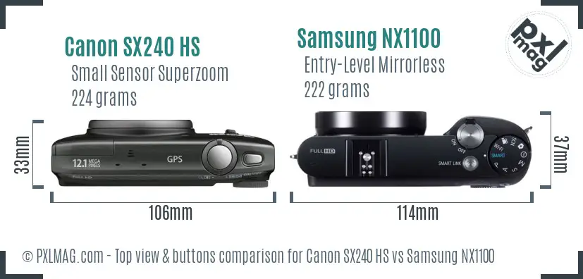 Canon SX240 HS vs Samsung NX1100 top view buttons comparison Canon SX240 HS vs Samsung NX1100 top view buttons comparison