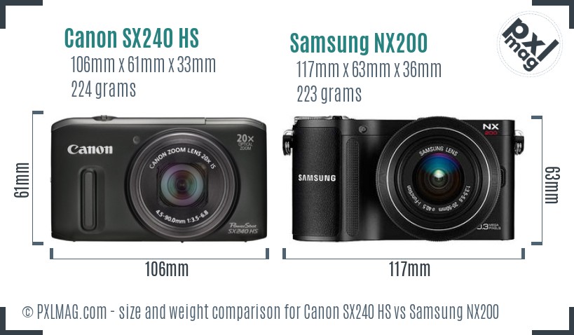 Canon SX240 HS vs Samsung NX200 size comparison