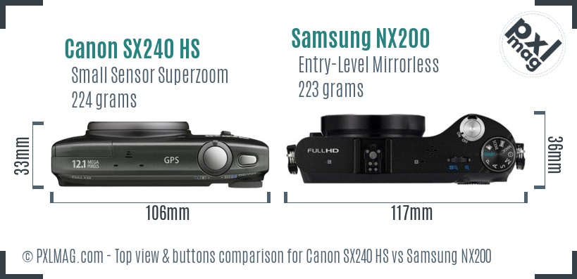 Canon SX240 HS vs Samsung NX200 top view buttons comparison