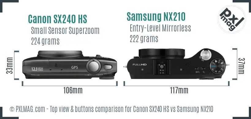 Canon SX240 HS vs Samsung NX210 top view buttons comparison Canon SX240 HS vs Samsung NX210 top view buttons comparison