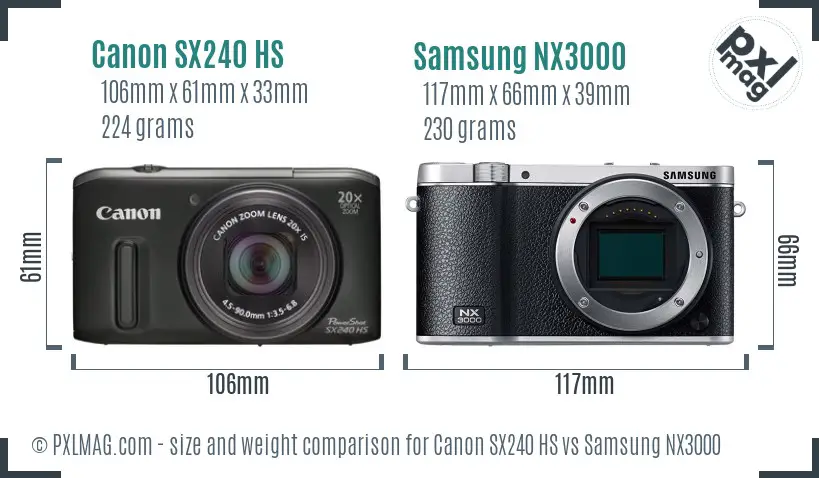 Canon SX240 HS vs Samsung NX3000 size comparison