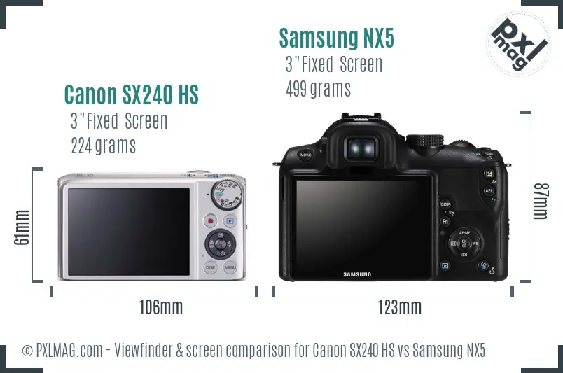 Canon SX240 HS vs Samsung NX5 Screen and Viewfinder comparison