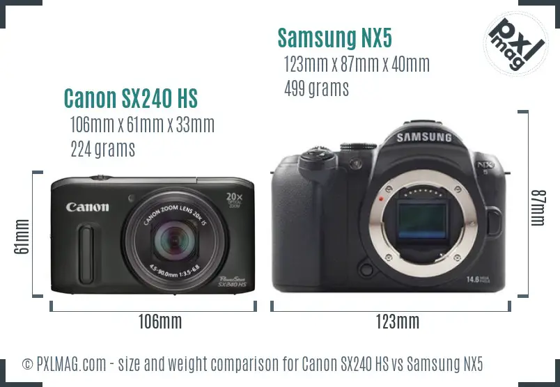 Canon SX240 HS vs Samsung NX5 size comparison