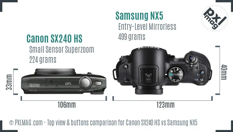 Canon SX240 HS vs Samsung NX5 top view buttons comparison