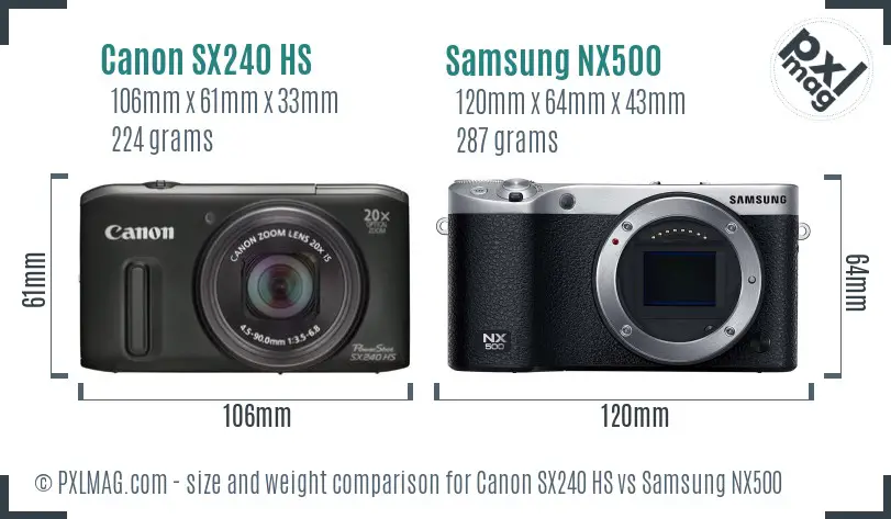 Canon SX240 HS vs Samsung NX500 size comparison