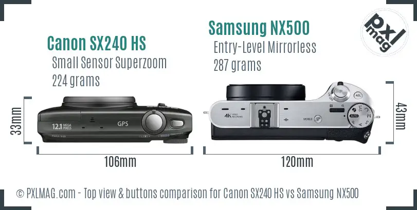 Canon SX240 HS vs Samsung NX500 top view buttons comparison