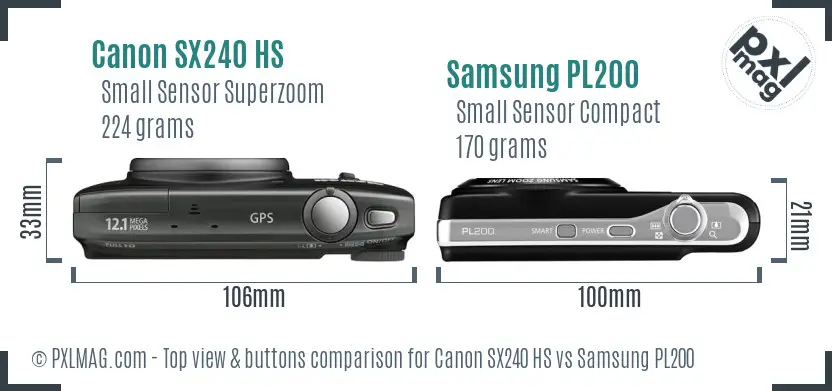 Canon SX240 HS vs Samsung PL200 top view buttons comparison