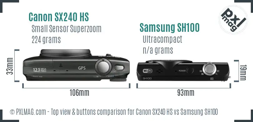 Canon SX240 HS vs Samsung SH100 top view buttons comparison Canon SX240 HS vs Samsung SH100 top view buttons comparison