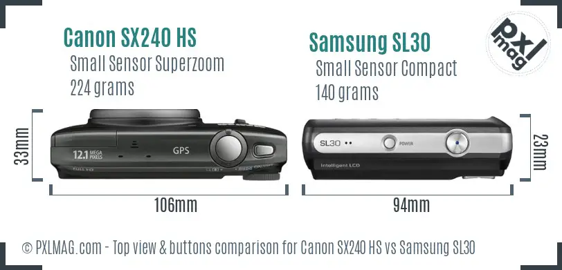 Canon SX240 HS vs Samsung SL30 top view buttons comparison Canon SX240 HS vs Samsung SL30 top view buttons comparison