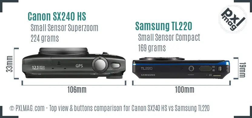 Canon SX240 HS vs Samsung TL220 top view buttons comparison Canon SX240 HS vs Samsung TL220 top view buttons comparison