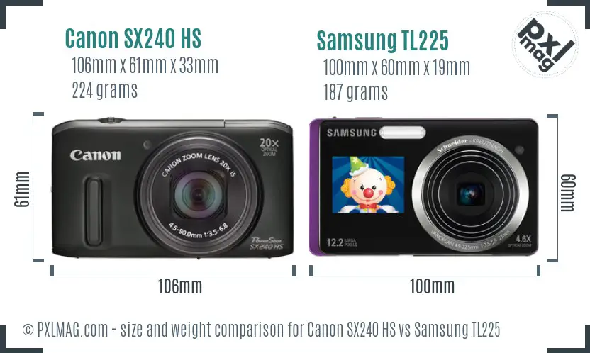 Canon SX240 HS vs Samsung TL225 size comparison