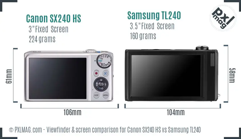 Canon SX240 HS vs Samsung TL240 Screen and Viewfinder comparison