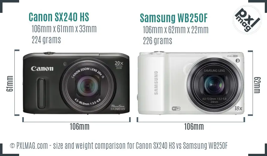 Canon SX240 HS vs Samsung WB250F size comparison