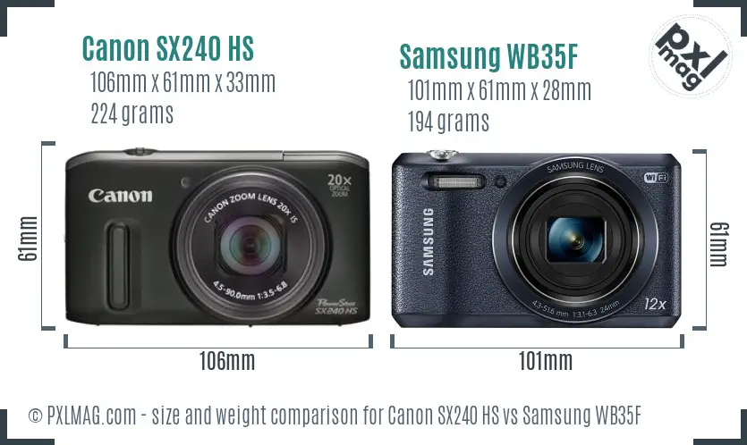 Canon SX240 HS vs Samsung WB35F size comparison