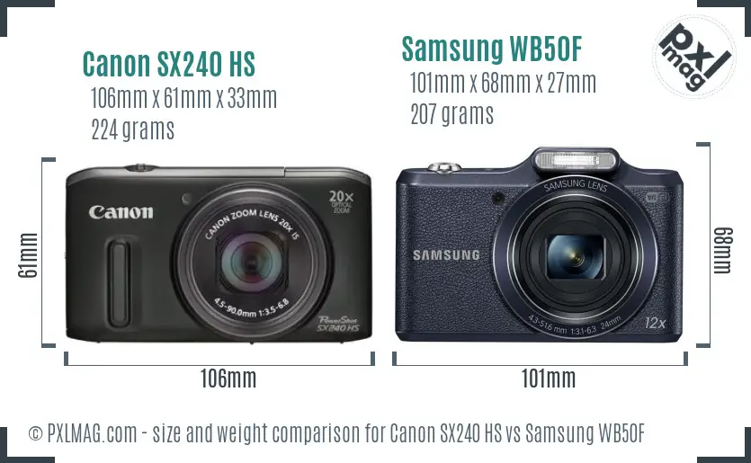 Canon SX240 HS vs Samsung WB50F size comparison
