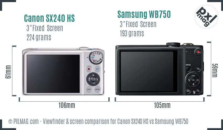 Canon SX240 HS vs Samsung WB750 Screen and Viewfinder comparison