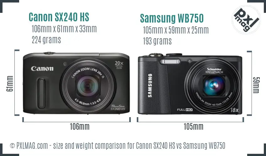 Canon SX240 HS vs Samsung WB750 size comparison