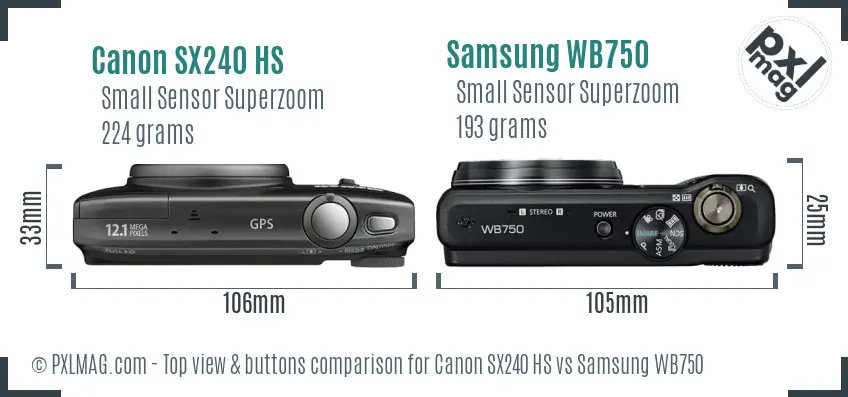 Canon SX240 HS vs Samsung WB750 top view buttons comparison