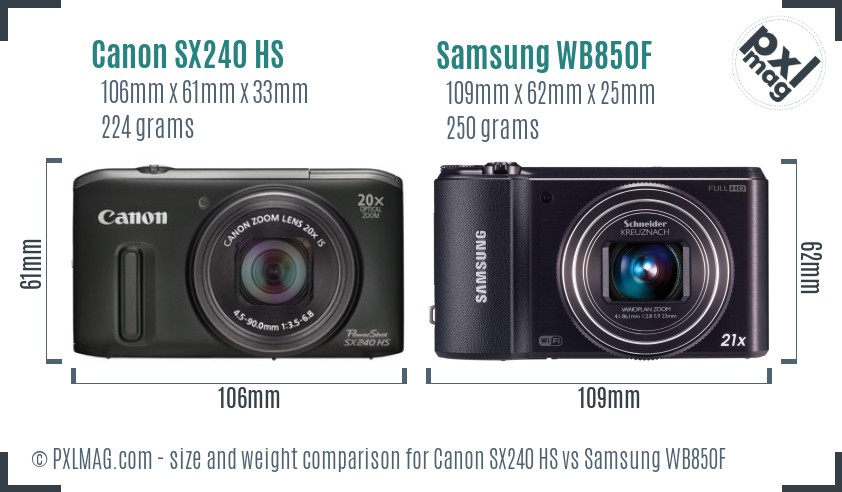 Canon SX240 HS vs Samsung WB850F size comparison