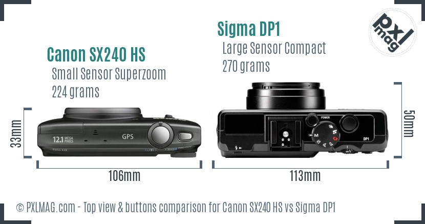 Canon SX240 HS vs Sigma DP1 top view buttons comparison
