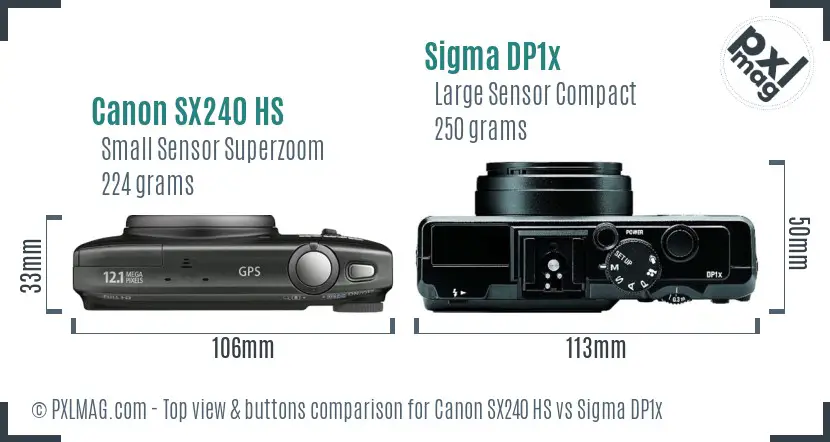 Canon SX240 HS vs Sigma DP1x top view buttons comparison Canon SX240 HS vs Sigma DP1x top view buttons comparison