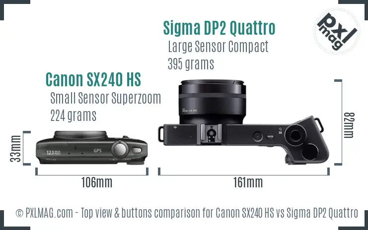 Canon SX240 HS vs Sigma DP2 Quattro top view buttons comparison Canon SX240 HS vs Sigma DP2 Quattro top view buttons comparison