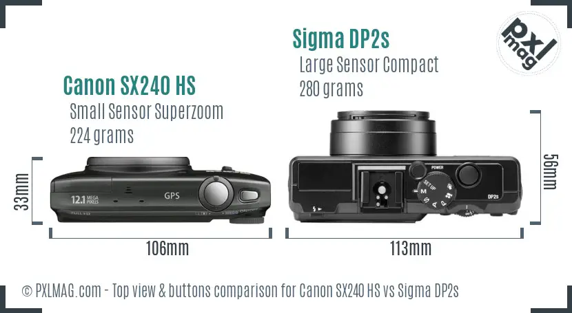 Canon SX240 HS vs Sigma DP2s top view buttons comparison Canon SX240 HS vs Sigma DP2s top view buttons comparison