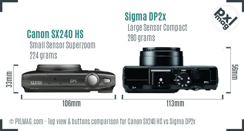 Canon SX240 HS vs Sigma DP2x top view buttons comparison Canon SX240 HS vs Sigma DP2x top view buttons comparison