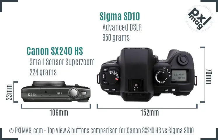 Canon SX240 HS vs Sigma SD10 top view buttons comparison