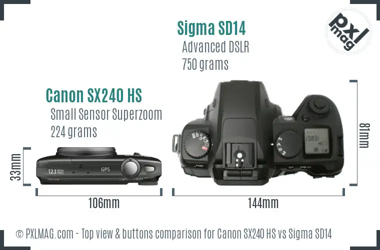 Canon SX240 HS vs Sigma SD14 top view buttons comparison