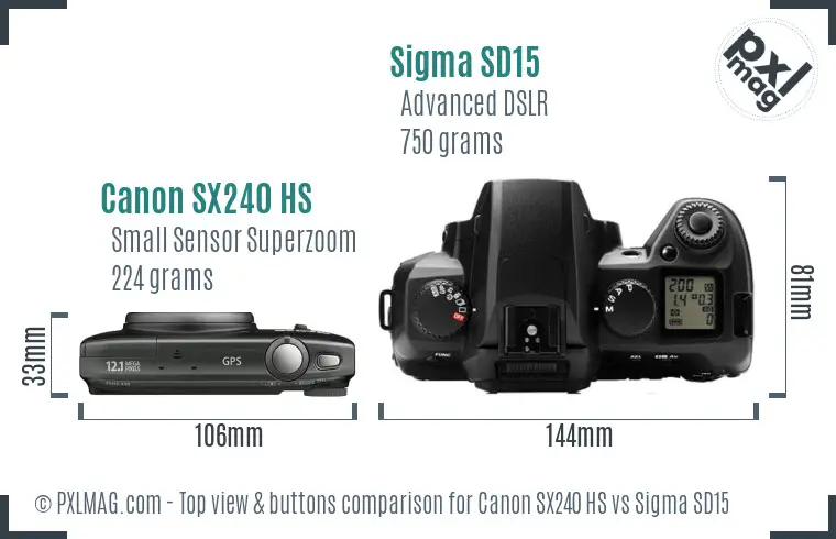 Canon SX240 HS vs Sigma SD15 top view buttons comparison