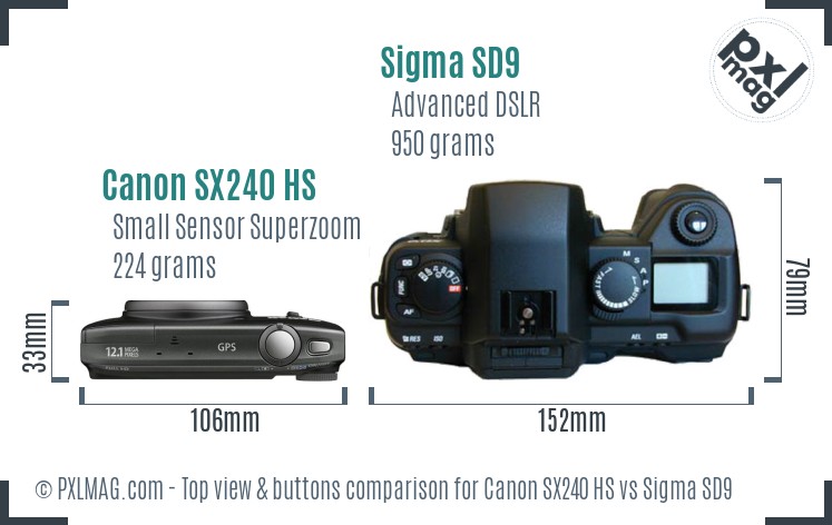 Canon SX240 HS vs Sigma SD9 top view buttons comparison