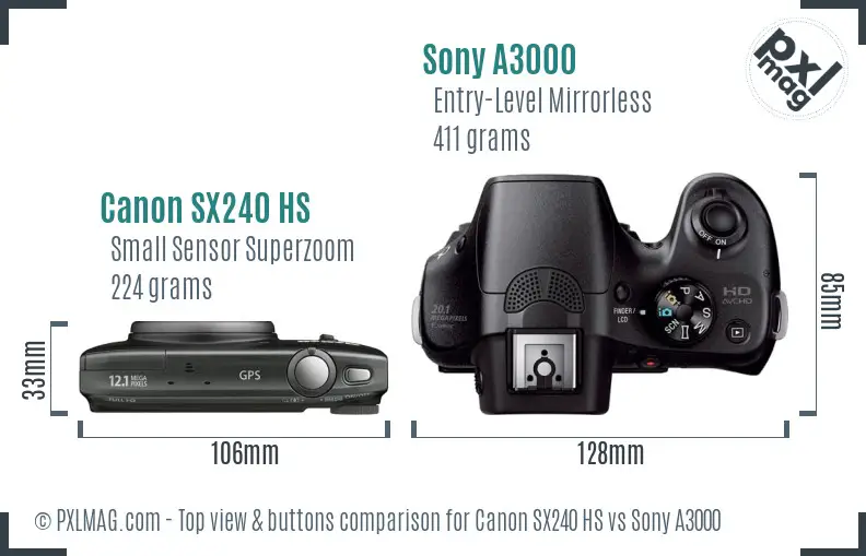 Canon SX240 HS vs Sony A3000 top view buttons comparison