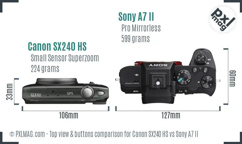 Canon SX240 HS vs Sony A7 II top view buttons comparison