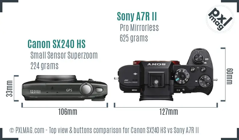 Canon SX240 HS vs Sony A7R II top view buttons comparison