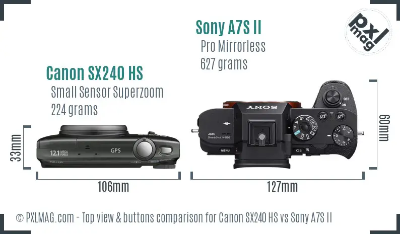 Canon SX240 HS vs Sony A7S II top view buttons comparison