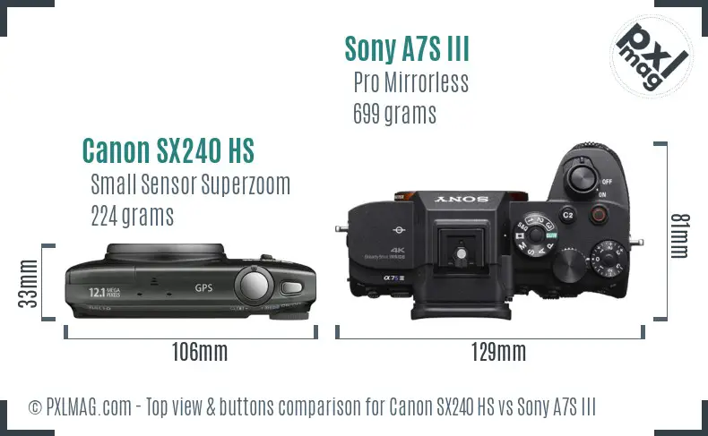 Canon SX240 HS vs Sony A7S III top view buttons comparison