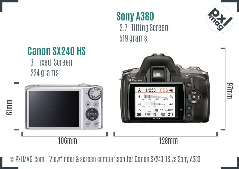 Canon SX240 HS vs Sony A380 Screen and Viewfinder comparison Canon SX240 HS vs Sony A380 Screen and Viewfinder comparison