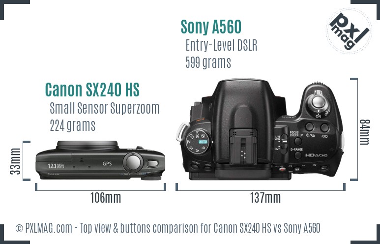 Canon SX240 HS vs Sony A560 top view buttons comparison
