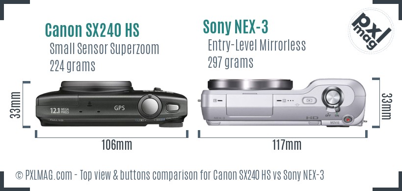 Canon SX240 HS vs Sony NEX-3 top view buttons comparison