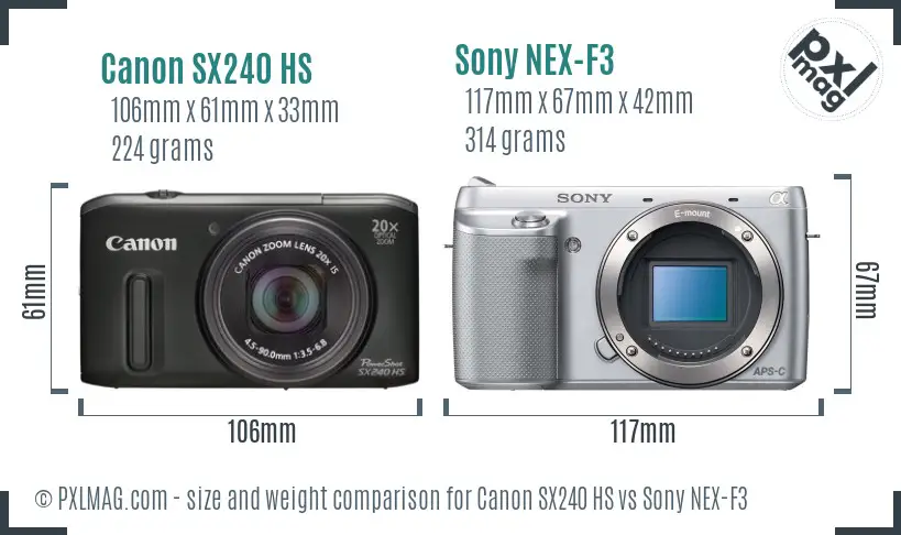 Canon SX240 HS vs Sony NEX-F3 size comparison
