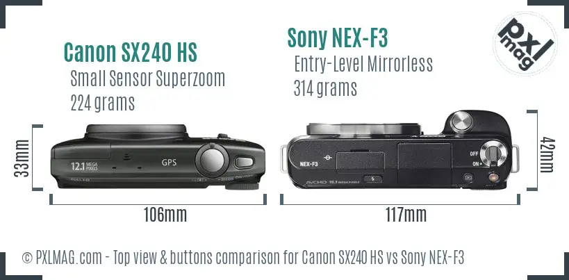 Canon SX240 HS vs Sony NEX-F3 top view buttons comparison