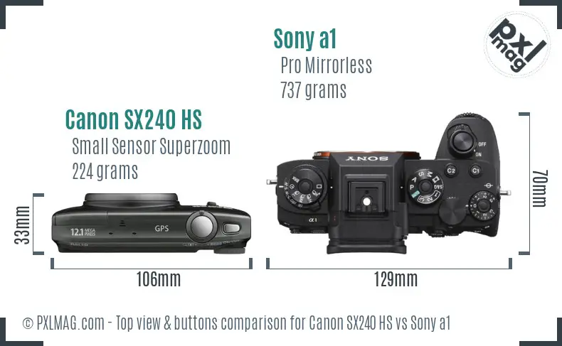 Canon SX240 HS vs Sony a1 top view buttons comparison Canon SX240 HS vs Sony a1 top view buttons comparison
